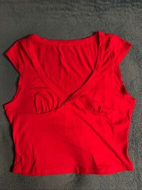 SHEIN Red V-Neck Crop Top with Cap Sleeves